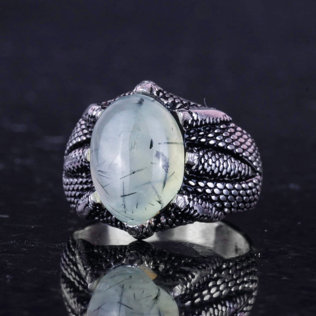 Silver Claw Ring with Natural Prehnite Jade — 6
