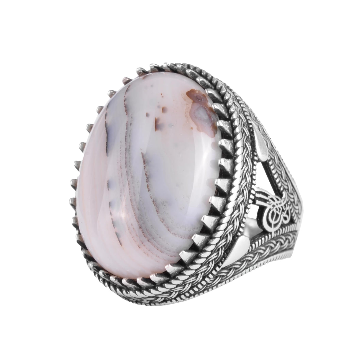 KAMBO Natural Yemen Agate Stone Men's Ring – 925 Sterling Silver Large Statement Ring – Handmade Ottoman Tugra Design Jewelry (Style-5)
