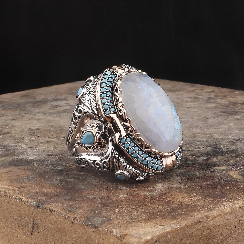 KAMBO Natural Moonstone 925 Sterling Silver Men's Ring – Large Oval Stone, Turquoise Speckled, Handmade Jewelry — 2