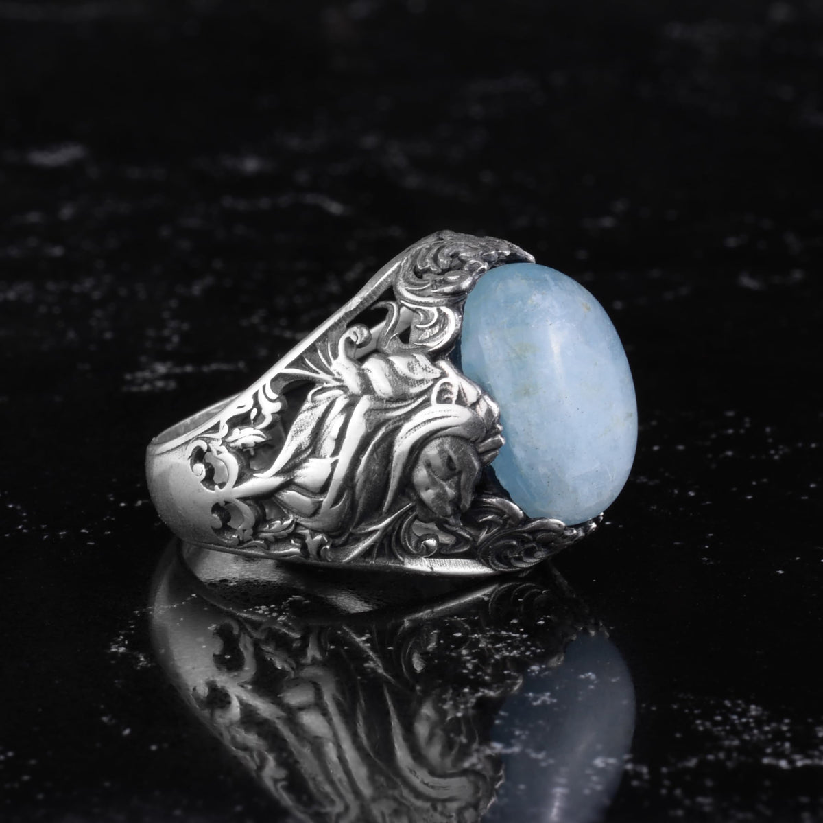 KAMBO Natural Stone Men's Ring 925 Sterling Silver - Flower Engraved Statement Ring - Handmade Vintage Ring for Men (Aquamarine) — 6