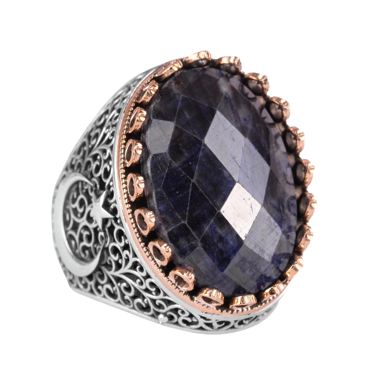 KAMBO 925 Sterling Silver Men's Natural Stone Ring - Moon and Star Design - Handmade Vintage Jewelry (Sapphire)