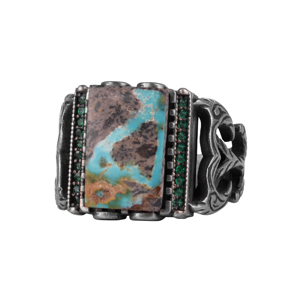 KAMBO Natural Arizona Turquoise 925 Sterling Silver Men's Ring – Rectangular Stone Ottoman Style Engraved Design (Style-3)