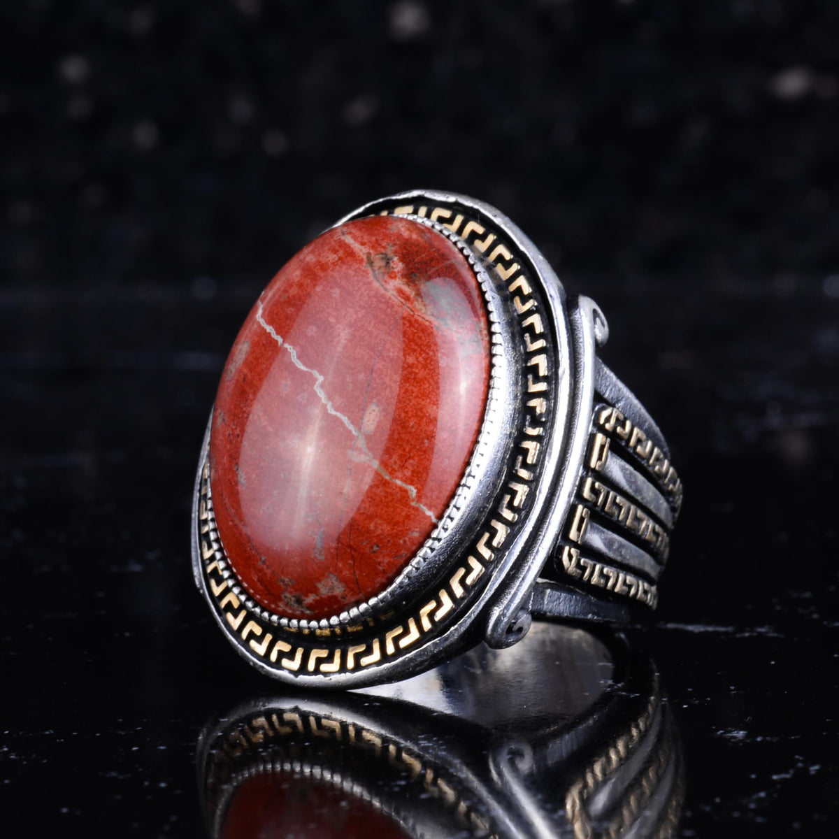 KAMBO Men's Genuine Natural Stone Ring – 925 Sterling Silver Large Statement Ring – Handmade Vintage Design – Dark Silver Ring (Red Jasper) — 5