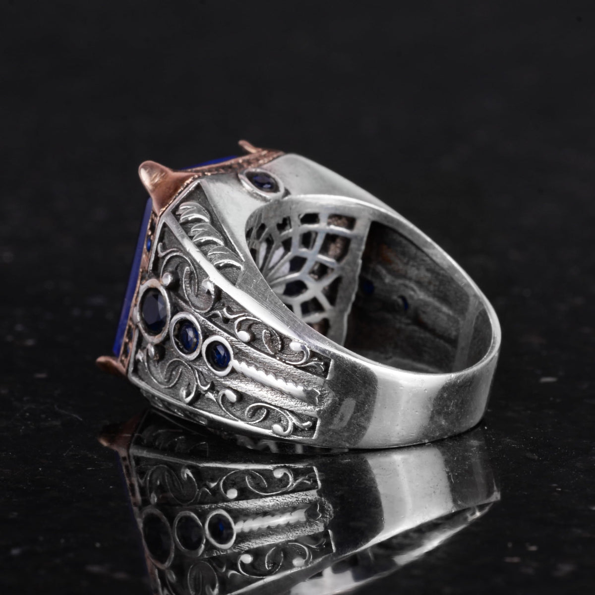 KAMBO 925 Sterling Silver Men's Ring - Arranged Blue Paraiba Stone Men's Ring - Handmade Unique Ring — 7