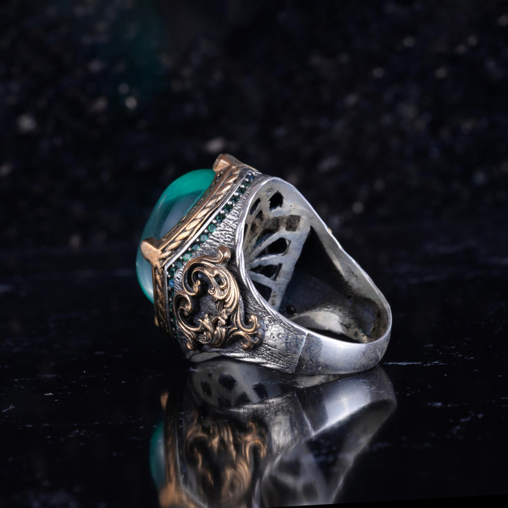 KAMBO Created Paraiba Stone Men's Ring – Oval Cabochon Green Stone – 925 Sterling Silver Handmade Statement Ring — 7