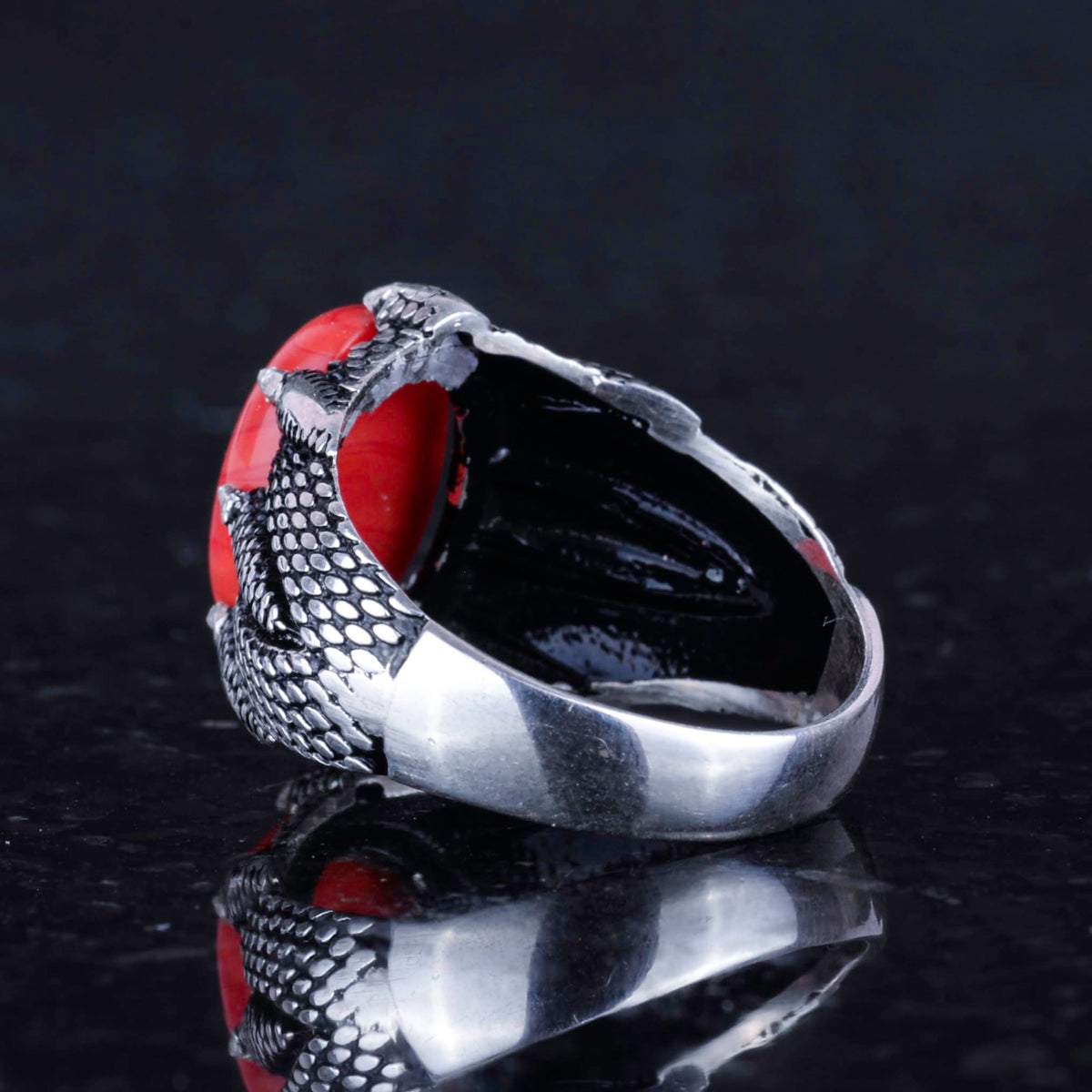 Silver Claw Ring with Natural Red Coral Stone — 7