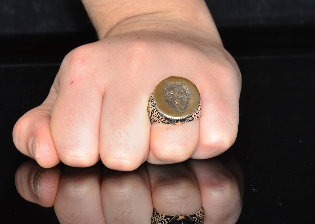 Silver Ring - Wolf Head Design with Gold Detail — 7