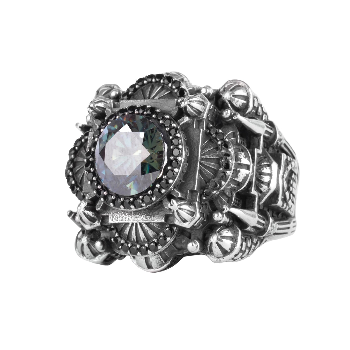 KAMBO Large Natural Stone Men's Ring 925 Sterling Silver – Handmade Statement Ring Inspired by Islamic Mosque (Mozanite-1)