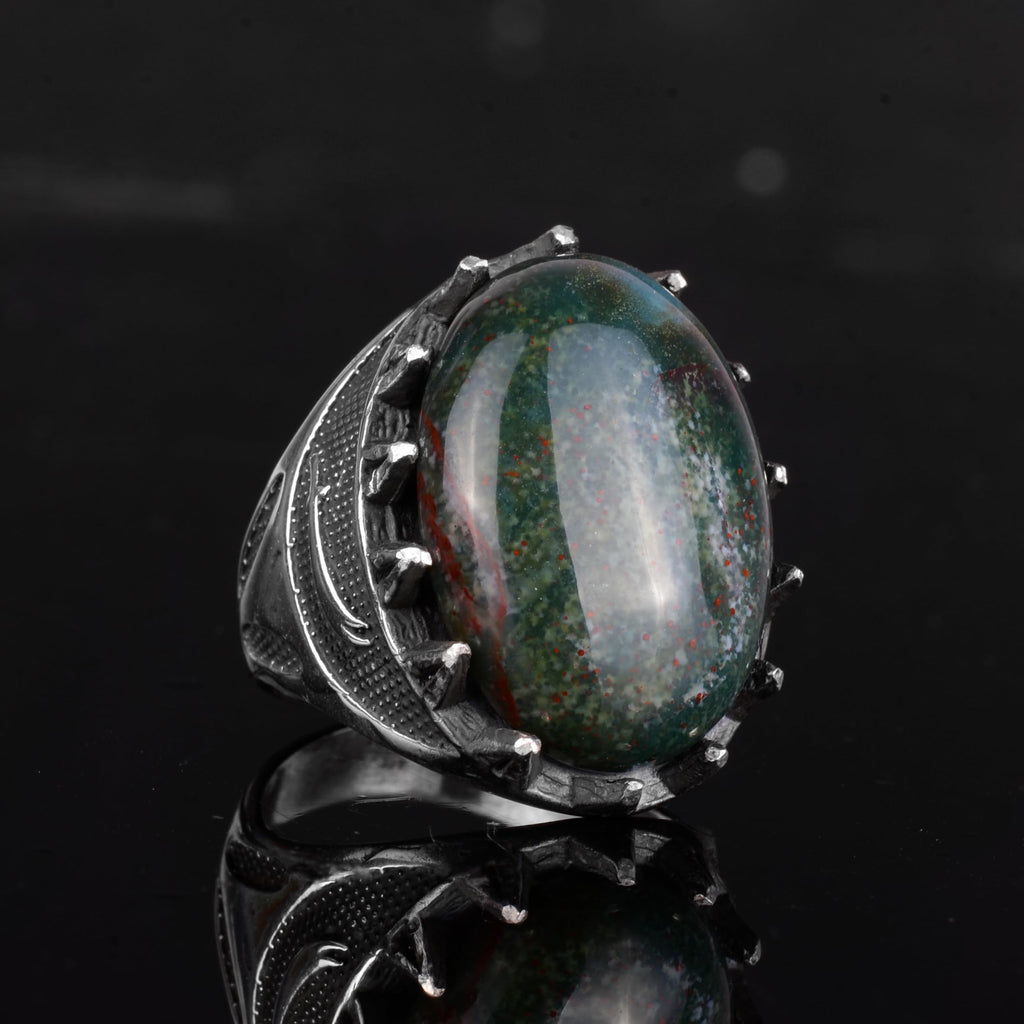 KAMBO Natural Stone Men's Large Ring – 925 Sterling Silver Ottoman Sword Motif Signet Ring (Green Bloodstone) — 6