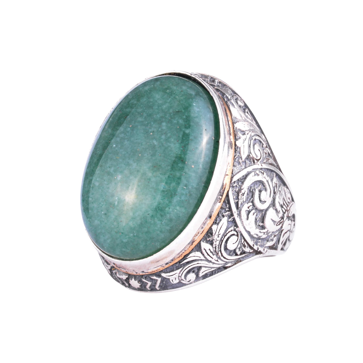 KAMBO Natural Aventurine Stone Large Ring for Men - Oval Green Vintage Engraved Statement Ring - 925 Sterling Silver Handmade Men's Jewelry