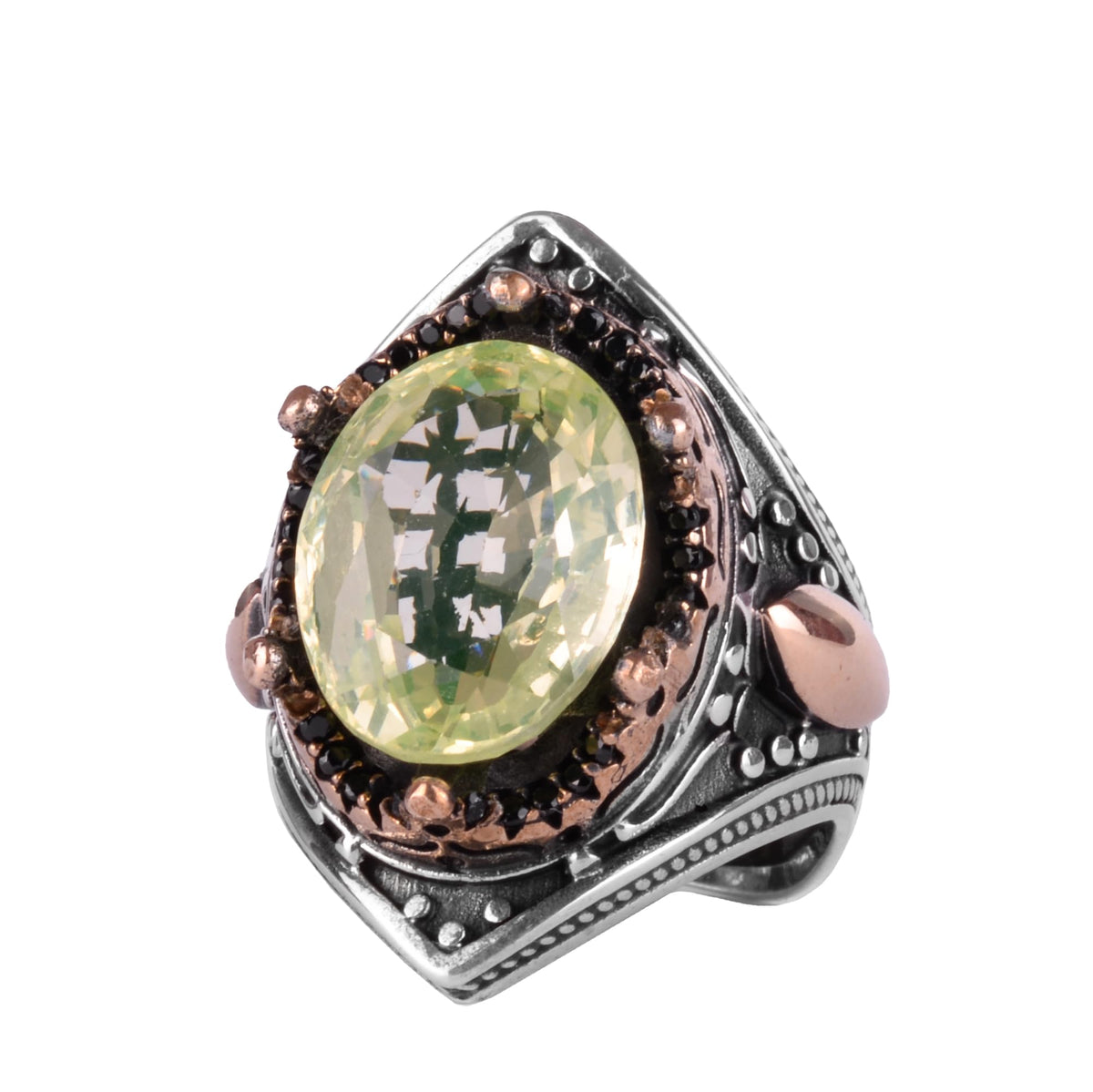 KAMBO Certified Natural Green Tourmaline Men's Ring – Bronze Detailed 925 Sterling Silver – Oval Cut Statement Ring