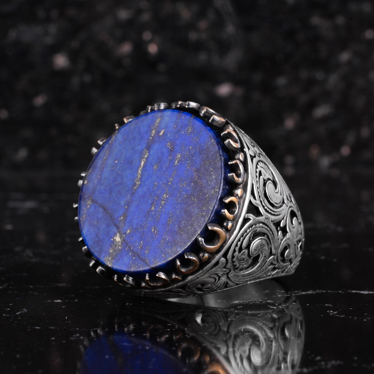 KAMBO Natural Stone Round Large Men's Ring – 925 Sterling Silver Handmade Ring – Statement Ring – Vintage Ottoman Style Men's Jewelry (Lapis Lazuli) — 4