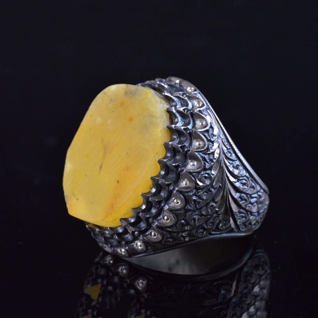 KAMBO Handmade Vintage Raw Amber Gemstone Men's Statement Ring, 925 Sterling Silver Bold Design, Unique Birthday Gift fo