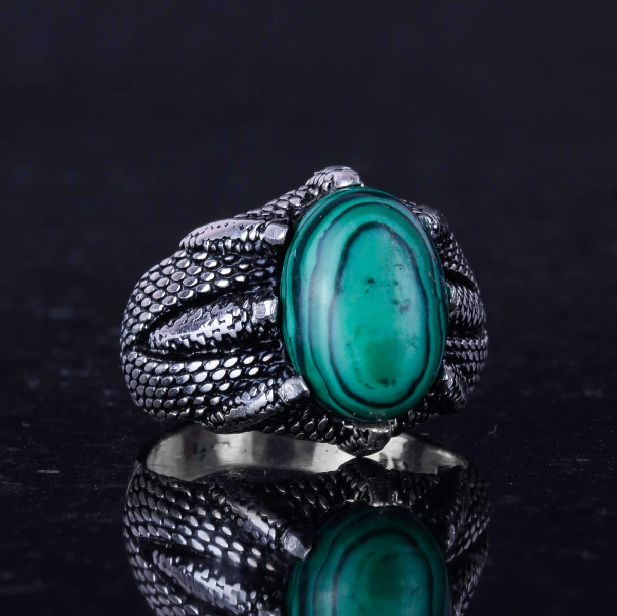 925 Sterling Silver Men's Ring, Natural Stone, Handmade Vintage Design Claw Ring (Malachite) — 5