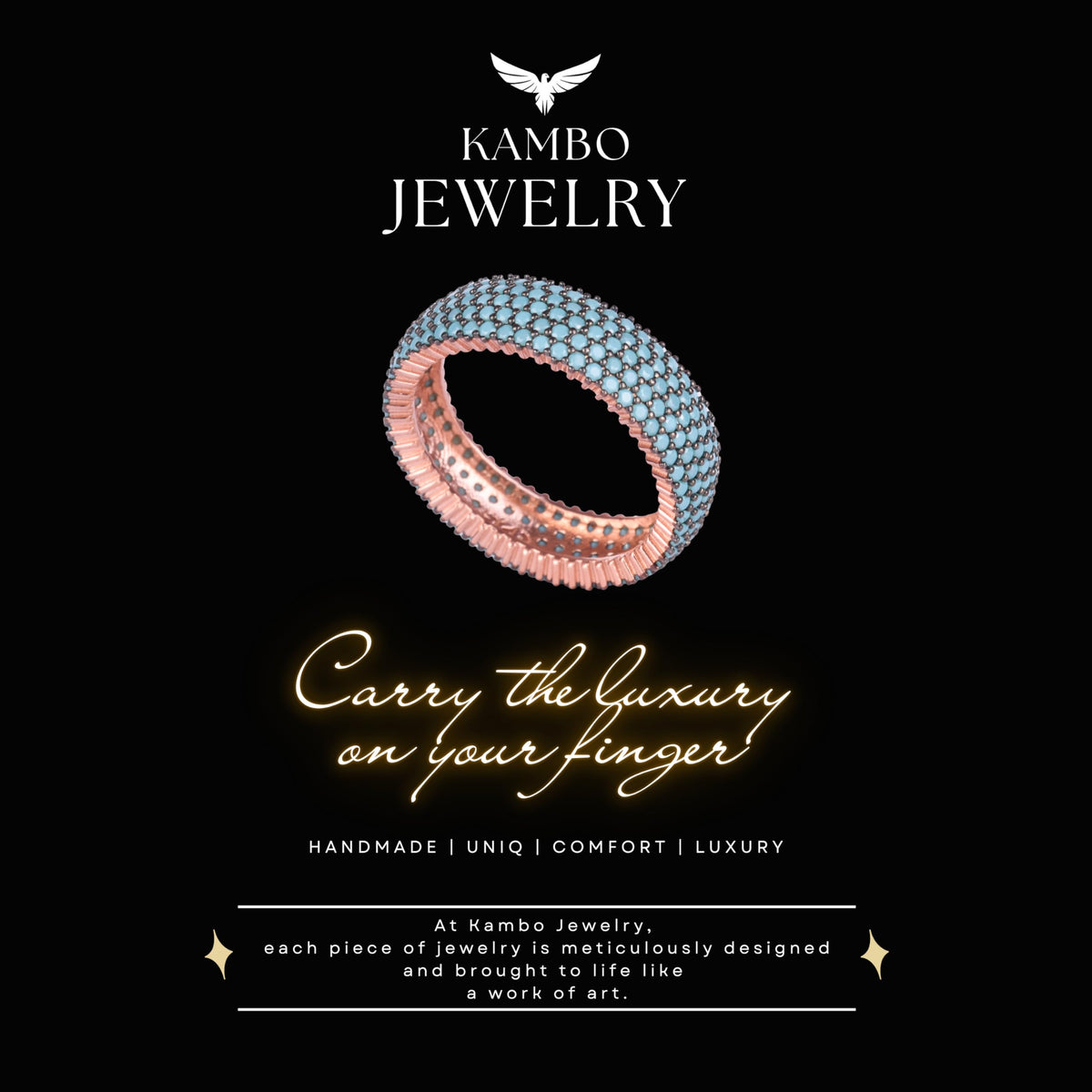 KAMBO 925 Sterling Silver Women's Thin Infinity Band – Rose Gold Plated Thin Ring – Blue Zircon Full Stone Elegant Jewelry — 6