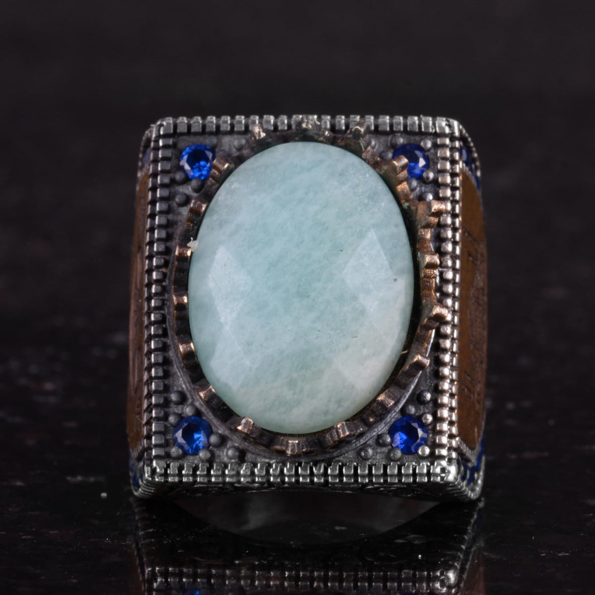 Natural Amazonite Stone Ring - 925 Sterling Silver Islamic Ring - Handmade Calligraphy Ring — 4