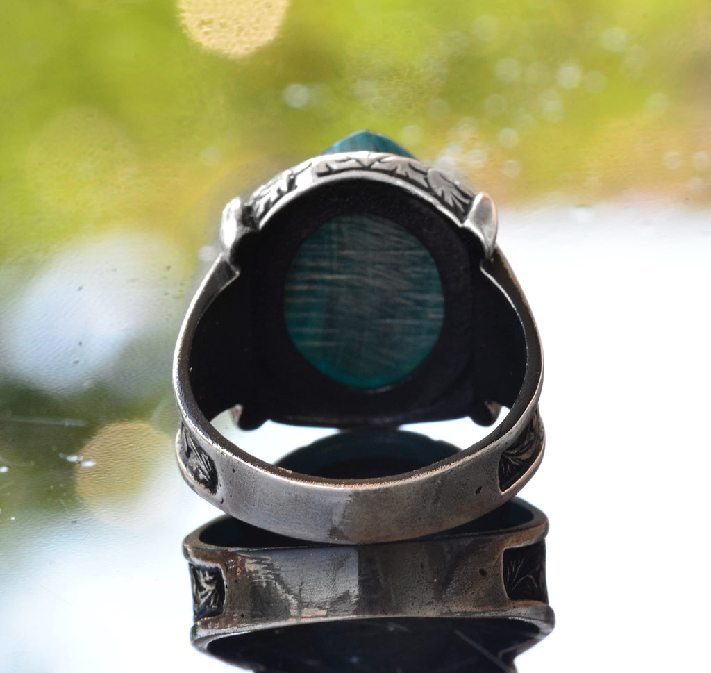 KAMBO Handmade 925 Sterling Silver Ayatul Kursi Ring with Amber Gemstone, Islamic Arabic Calligraphy Design, Vintage Sta