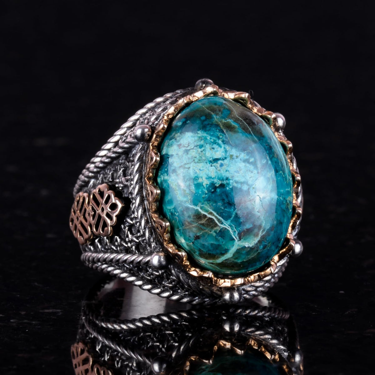 Natural Chrysocolla Stone Ring, 925 Sterling Silver Men's Ring (Model-2) — 5