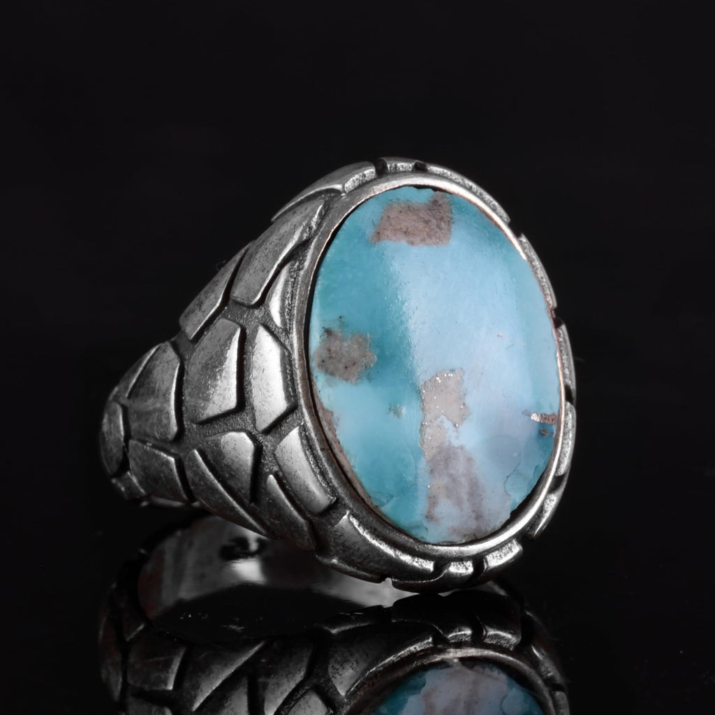 KAMBO Natural Turquoise Stone Ring - Snake Skin Pattern 925 Sterling Silver Men's Ring (Style-1) — 5