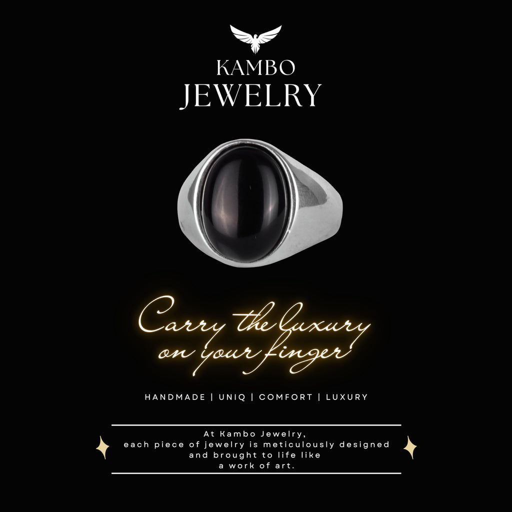 KAMBO Natural Men's Ring – 925 Sterling Silver Minimalist Oval Stone Ring – Handmade Classic Statement Jewelry (Onyx) — 8
