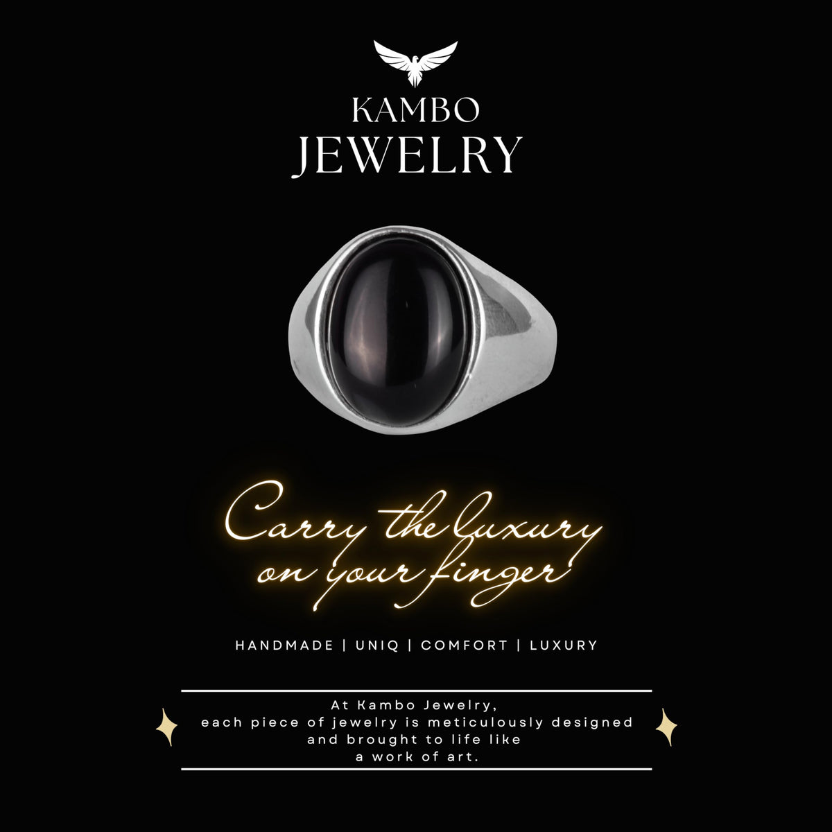 KAMBO Natural Men's Ring – 925 Sterling Silver Minimalist Oval Stone Ring – Handmade Classic Statement Jewelry (Onyx) — 8