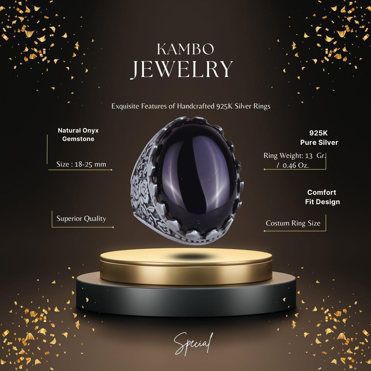 Kambo Natural Gemstone Ring - Rose Pattern Ring - 925 Sterling Silver Ring - Handmade Large Ring (Onyx) — 2