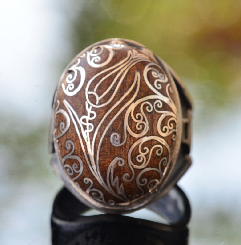 Handmade Walnut Carved Silver Stone Embroidered - Silver Men's Ring — 5