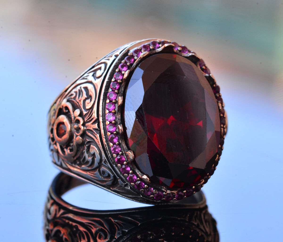Garnet Stone King Ring, Silver Men's Ring — 3