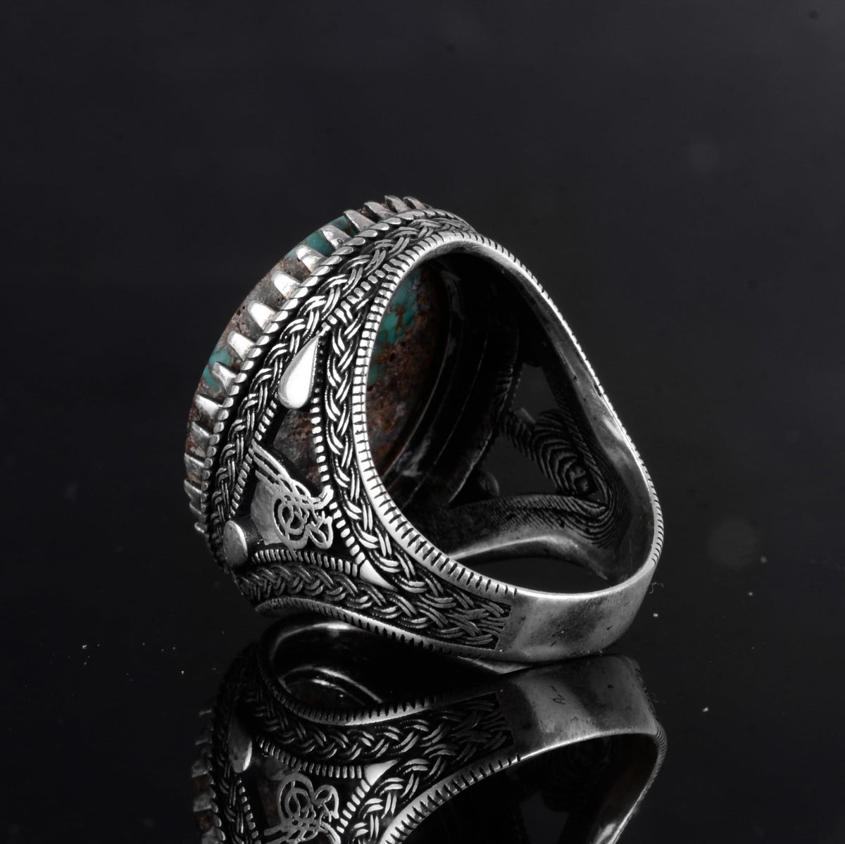 KAMBO Ottoman Tugra Design Natural Turquoise Stone Ring - 925 Sterling Silver Handmade Men's Ring (Style-2) — 7