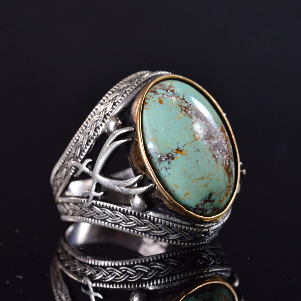 Natural Turquoise Stone Ring - Detailed Men's Ring - 925 Sterling Silver Ring — 4