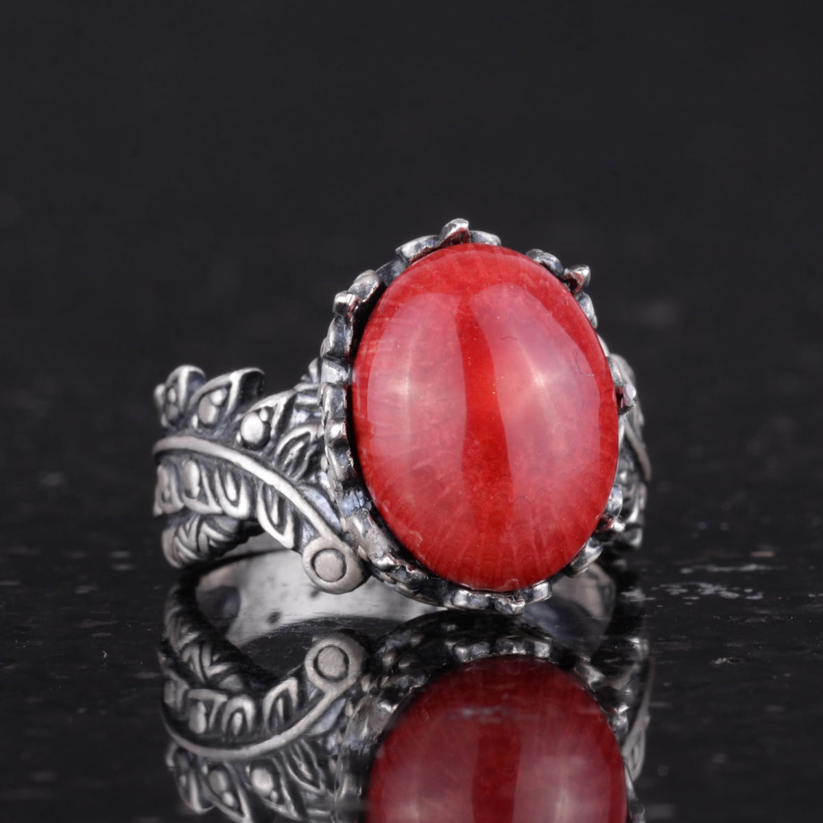 Silver Women's Ring with Natural Red Coral Stone — 5