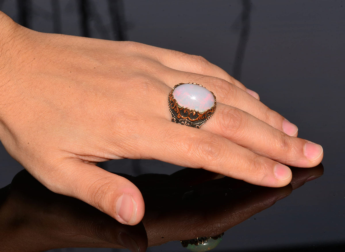 Australian Opal Natural Stone Ring - 10.00 Carat - Men's Ring - 925 Sterling Silver — 6