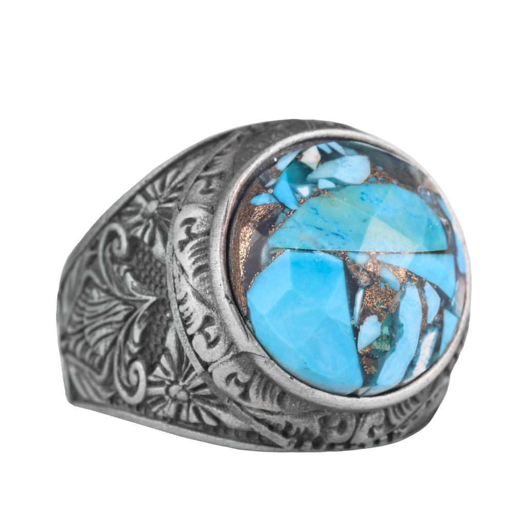 Silver Men's Ring with Natural Turquoise Stone and Detailed Flower Design