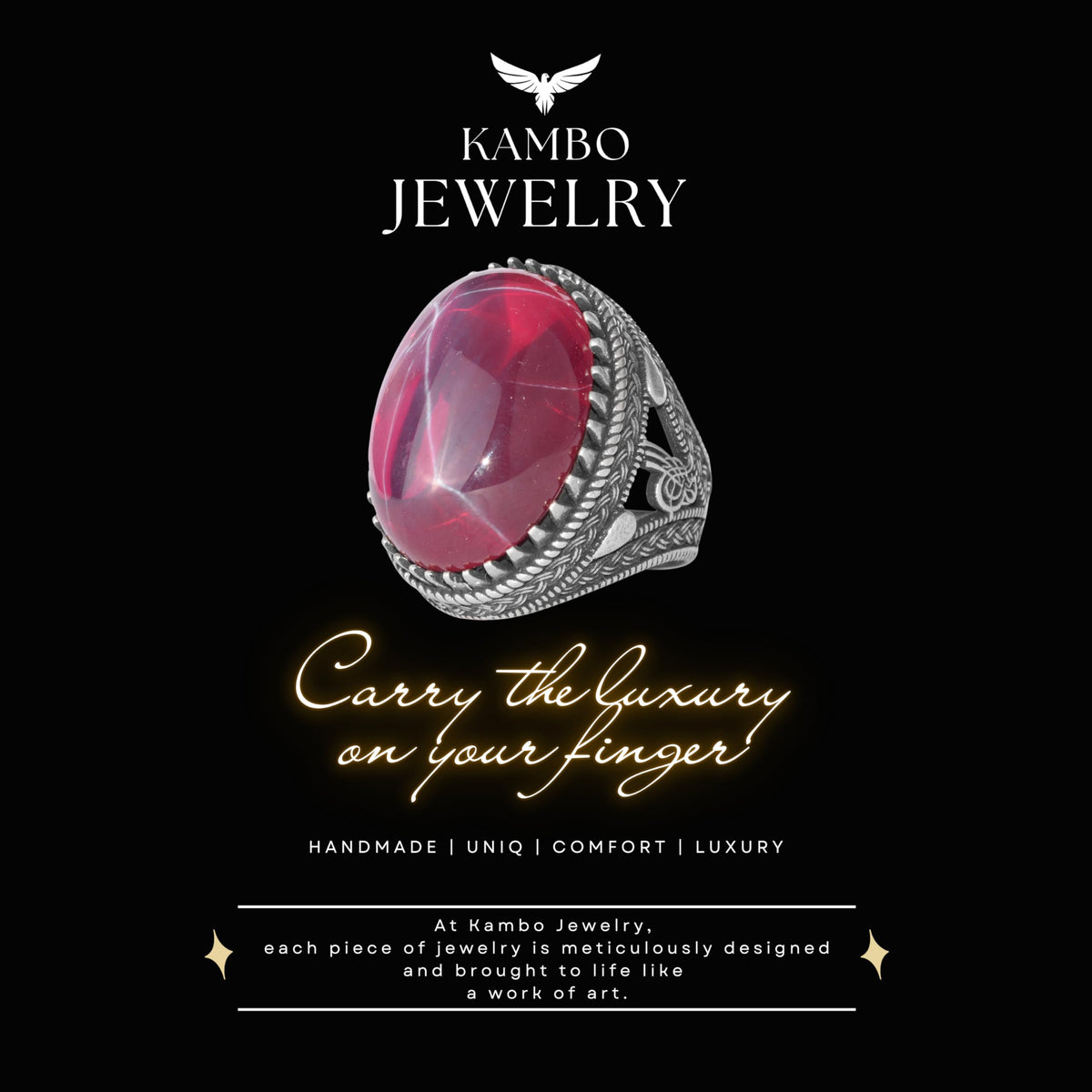 KAMBO Natural Star Ruby Stone Ring for Men 925 Sterling Silver Ottoman Tugra Handmade Statement Ring Asterism Ruby — 8