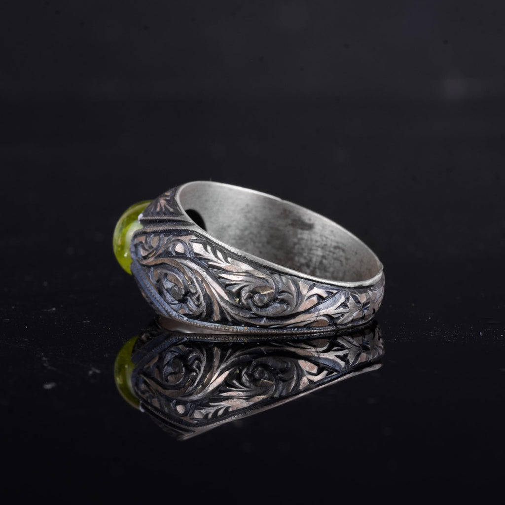KAMBO Natural Stone Men's Ring – 925 Sterling Silver Minimalist Engraved Band | Handmade Elegant Jewelry (Peridot) — 7