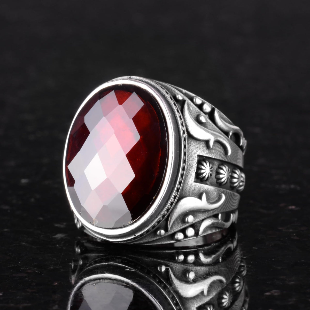 Synthetic Stone Ring, 925 Sterling Silver Ring, Designer Silver Men's Ring (Synthetic Garnet Stone) — 3