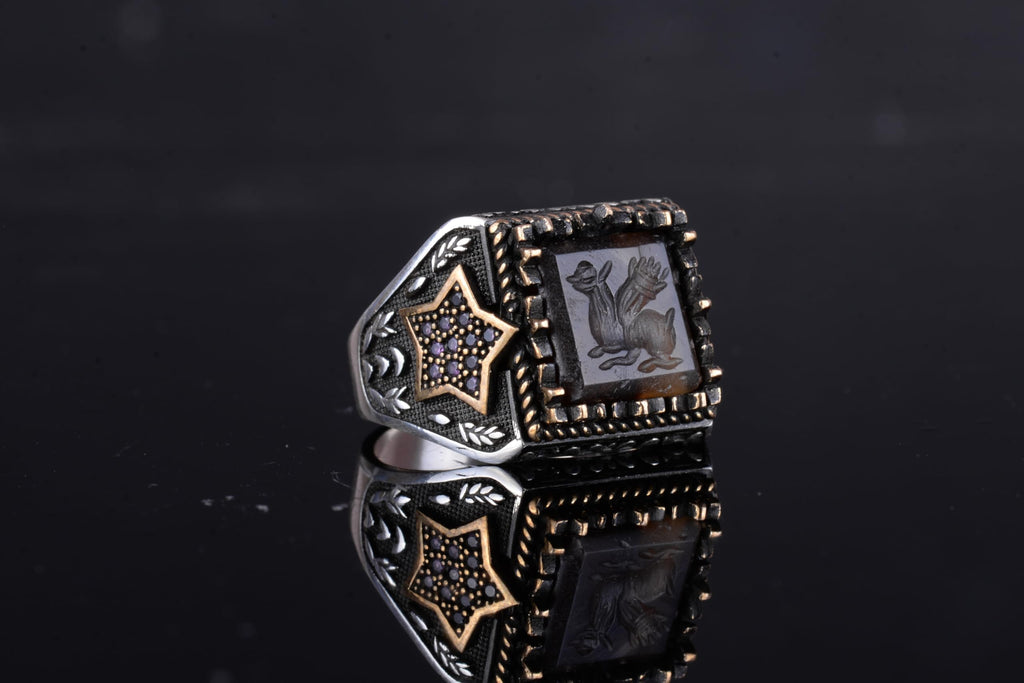 KAMBO Natural Agate Stone Men's Ring – Star Side Designed 925 Sterling Silver Square Motif Ring (Rabbit Engraved) — 6