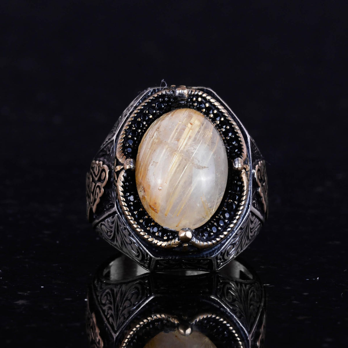 925 Sterling Silver Men's Ring - Natural Cabochon Gold Rutilated Quartz Stone Ring — 4