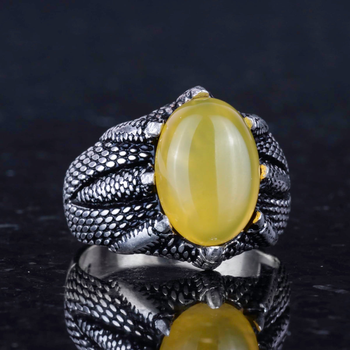925 Sterling Silver Claw Ring with Natural Yellow Agate Stone — 5