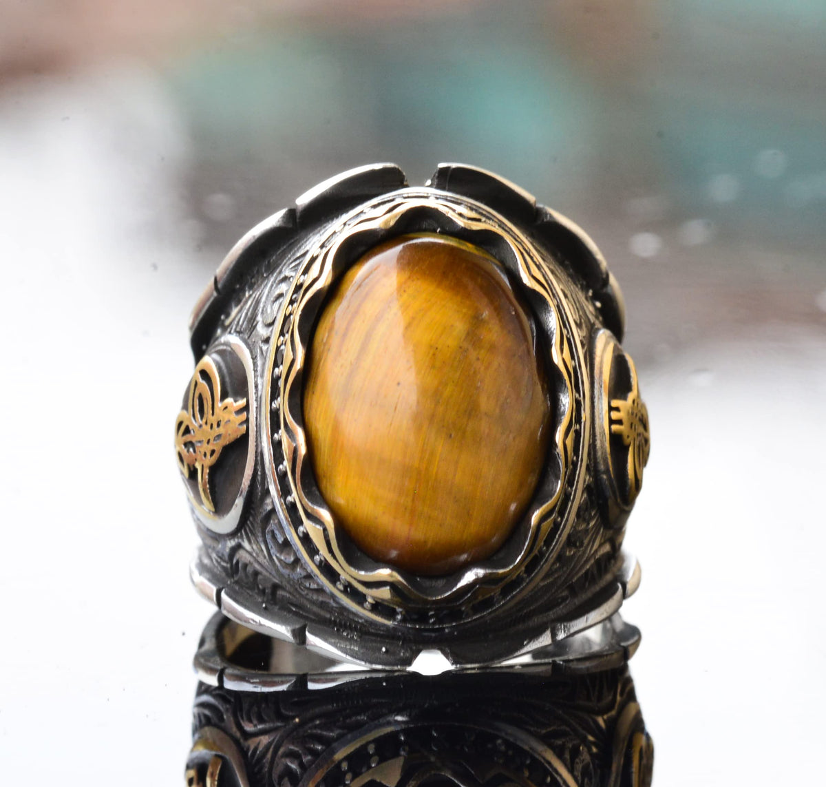 Handmade 925 Sterling Silver Men's Ring with Natural Tiger Eye Stone - Detailed Ottoman Seal Design - Stone Ring — 2