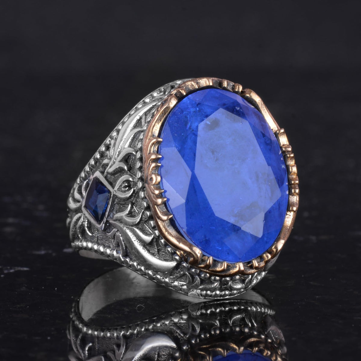 Kambo Synthetic Stone Ring - Unique Handmade Men's Ring, 925 Sterling Silver (Synthetic Blue Paraiba) — 5