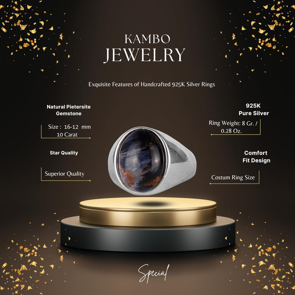 KAMBO Natural Men's Ring – 925 Sterling Silver Minimalist Oval Stone Ring – Handmade Classic Statement Jewelry (Pietersite) — 2