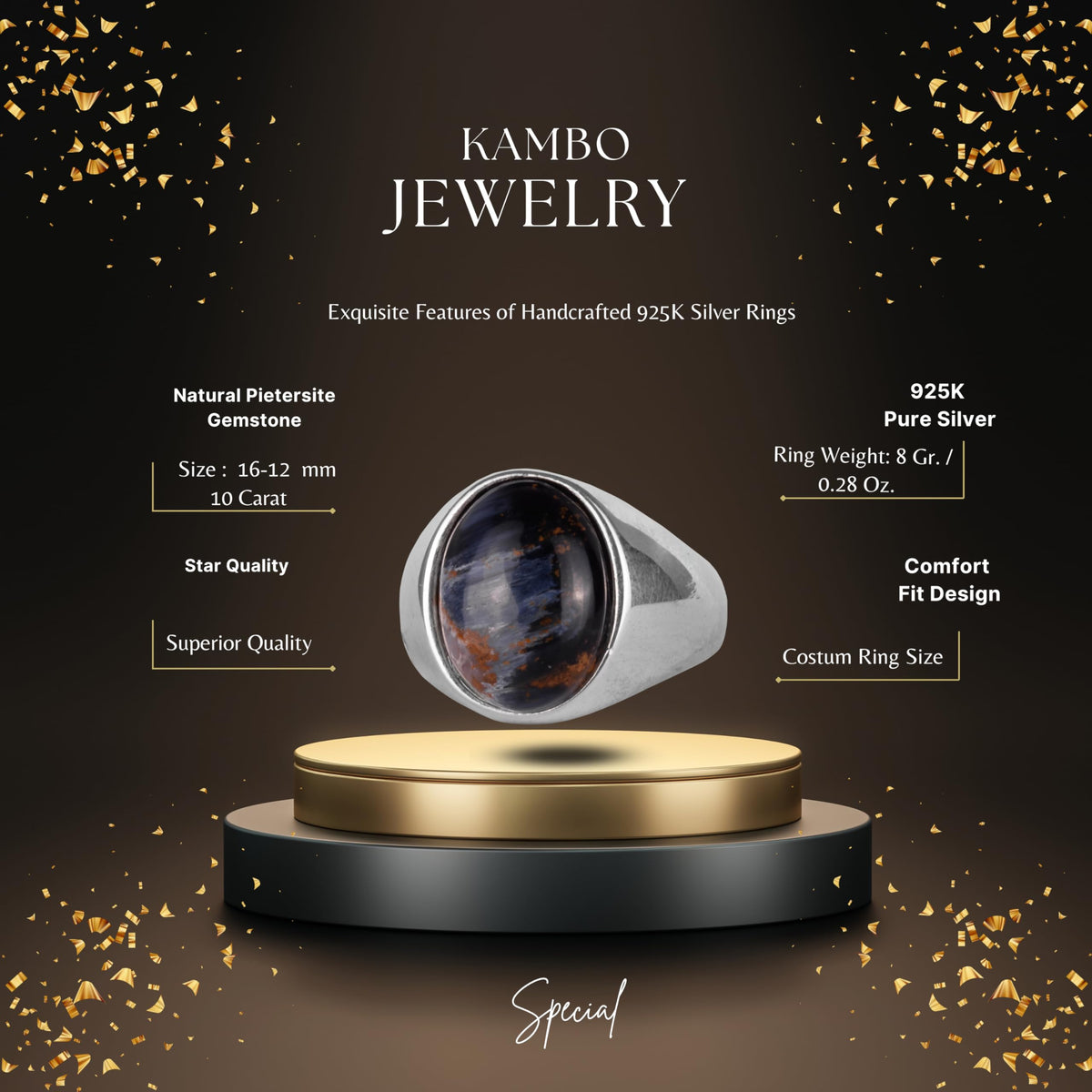 KAMBO Natural Men's Ring – 925 Sterling Silver Minimalist Oval Stone Ring – Handmade Classic Statement Jewelry (Pietersite) — 2