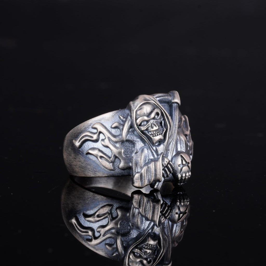 KAMBO 925 Sterling Silver Men's Azrael Ring – Gothic Skull Reaper Design – Handmade Punk Rock Silver Jewelry (Silver) — 6