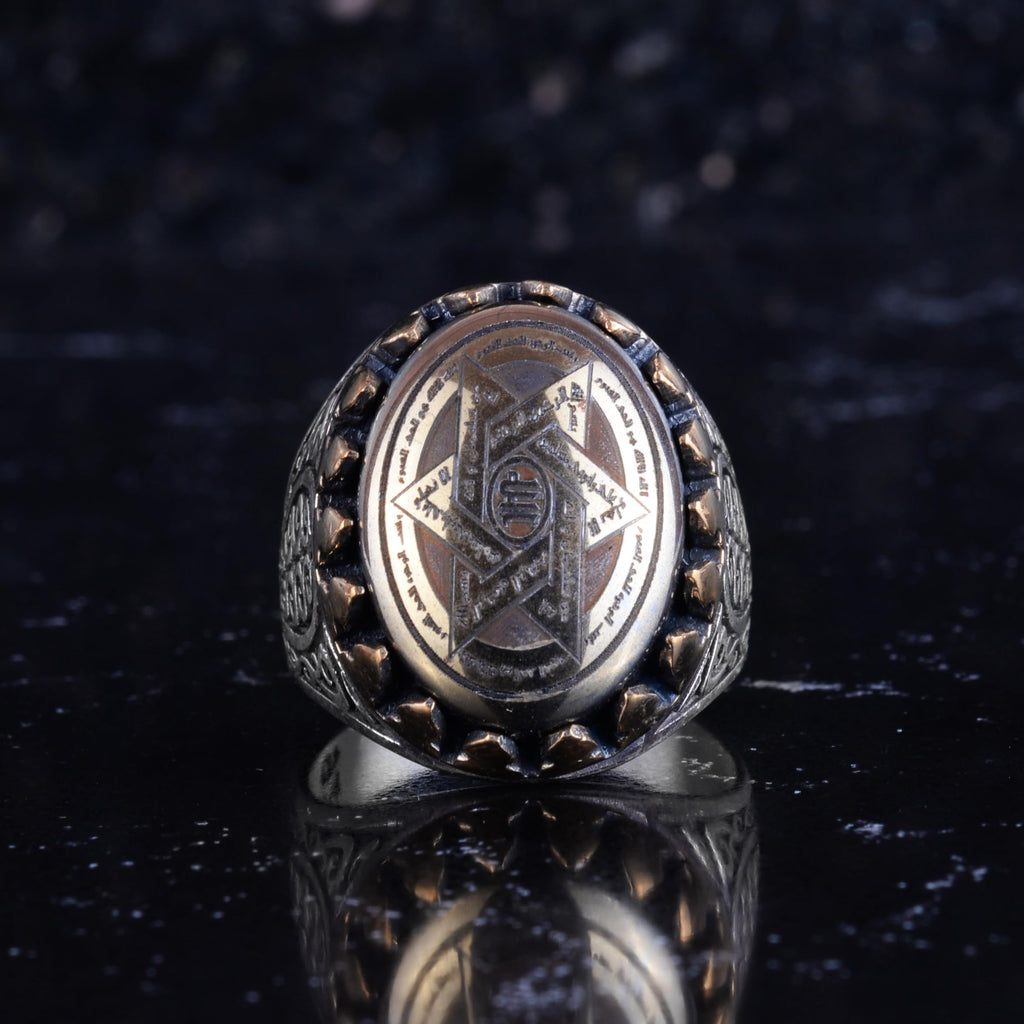 KAMBO Natural Hematite Stone Men's Ring – 925 Sterling Silver Star of David Embroidered Bronze Detailed Framed Oval Statement Ring – Vintage Handmade Design — 3