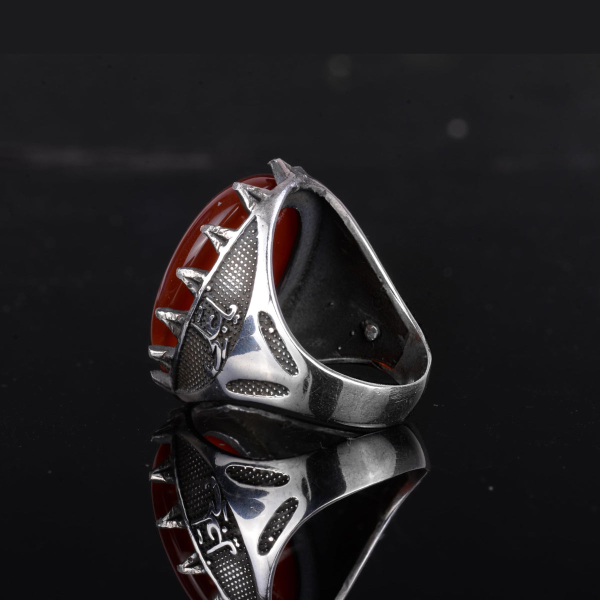 KAMBO Natural Stone Men's Large Ring – 925 Sterling Silver Ottoman Sword Motif Signet Ring (Red Agate) — 7