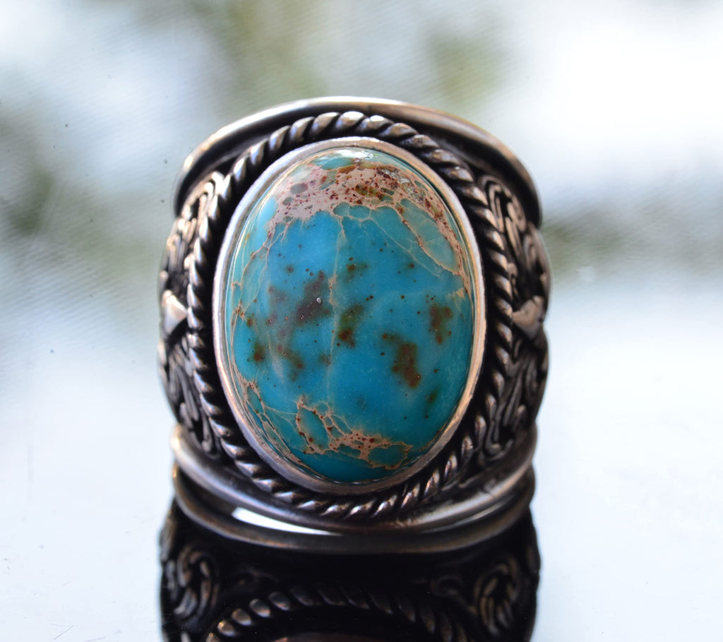 Natural Blue Jasper Stone Large Lily Pattern Silver Men's Ring — 5