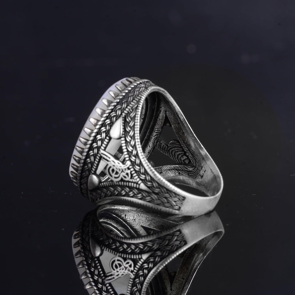 KAMBO Natural Pearl Oval Men's Ring – 925 Sterling Silver Ottoman Tugra Symbol Jewelry – Handmade White Stone Expression Accessory — 6