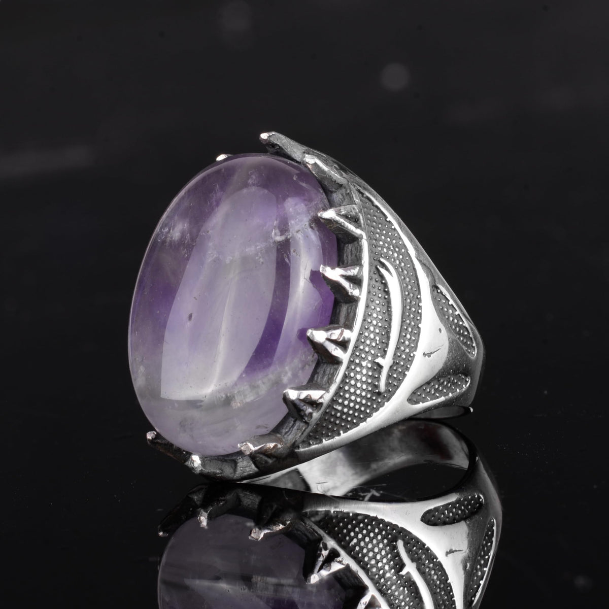 KAMBO Natural Stone Men's Large Ring – 925 Sterling Silver Ottoman Sword Motif Signet Ring (Amethyst) — 5