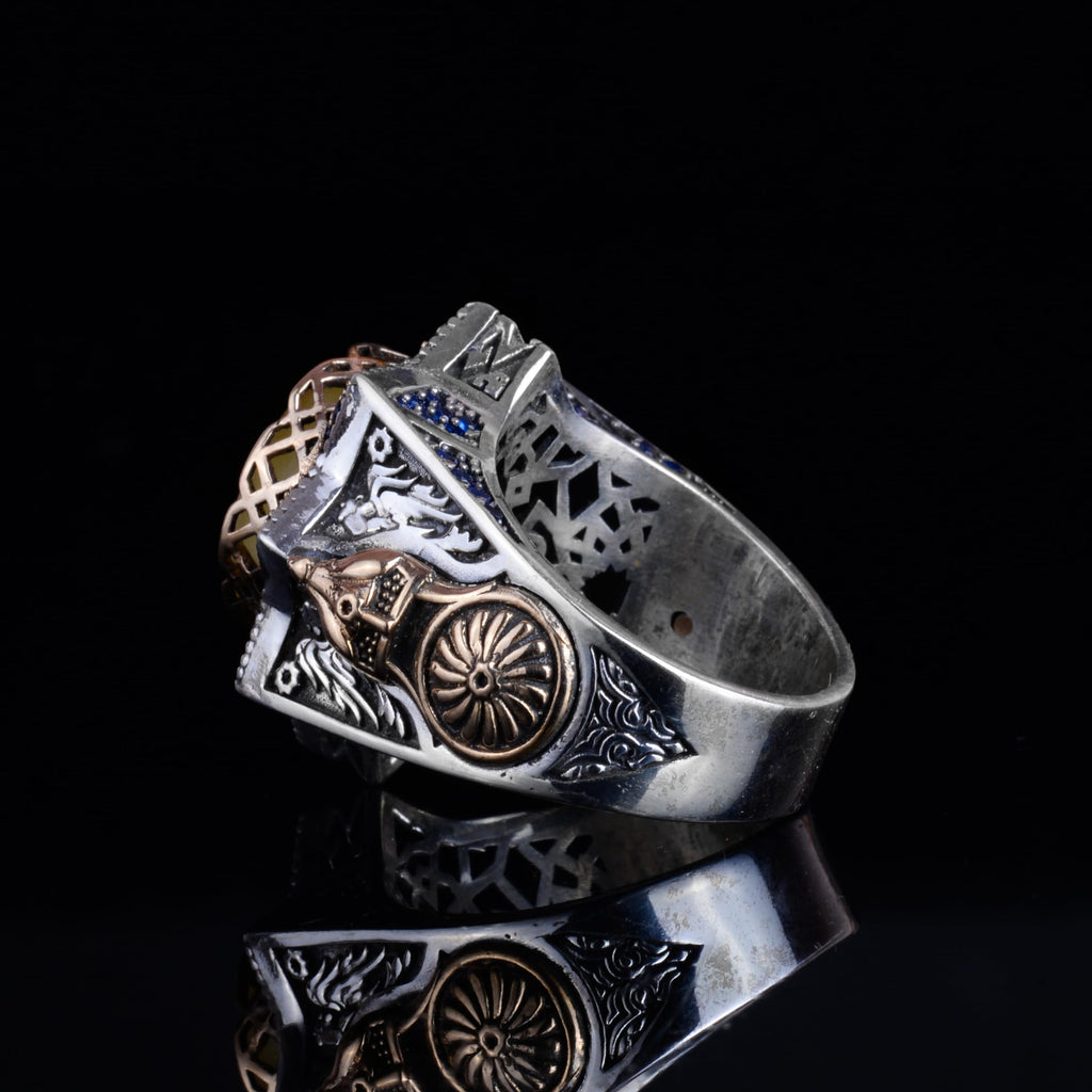 KAMBO 925 Sterling Silver Natural Amber Stone Large Ring - Star Frame Design Handmade Men's Jewelry (Style-2) — 7